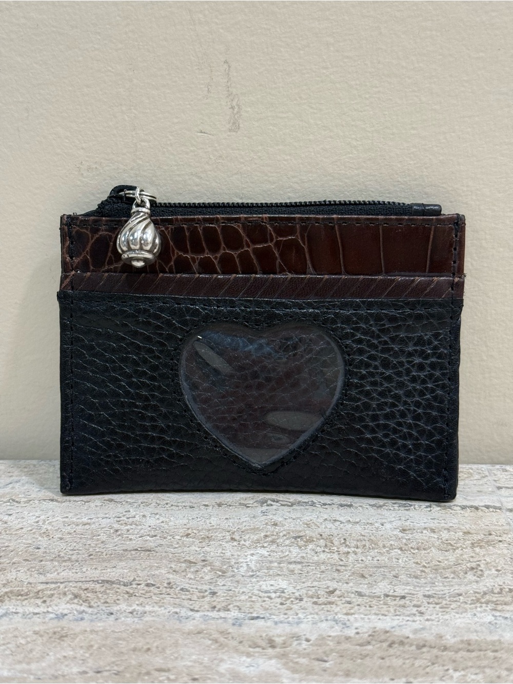 Brighton Black and Brown Leather Card Sleeve with Heart Window